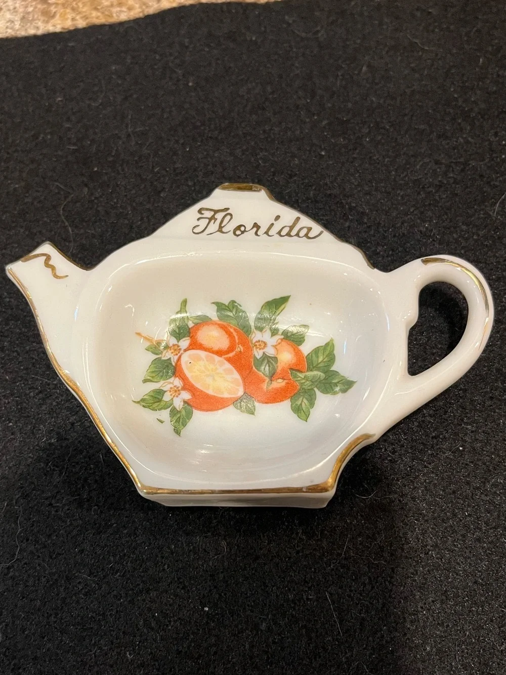 Vintage Florida Orange Tea Bag Holder Dish with Gold Trim